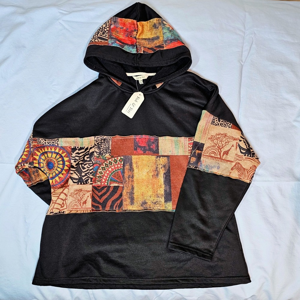 Yak & Yeti Patchwork Hoodie S/M NWT Nepal Boho Hippie Festival Pullover Black
